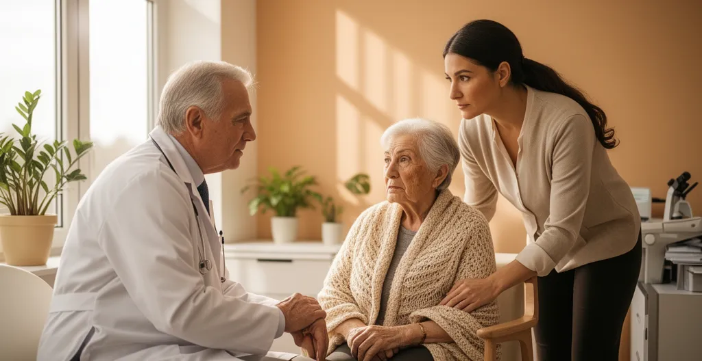 Médecin échangeant avec une patiente âgée et sa fille dans un cabinet médical
