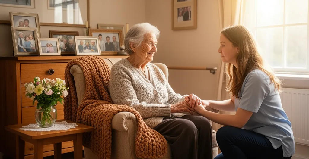Dame âgée souriante dans sa chambre personnalisée avec photos de famille