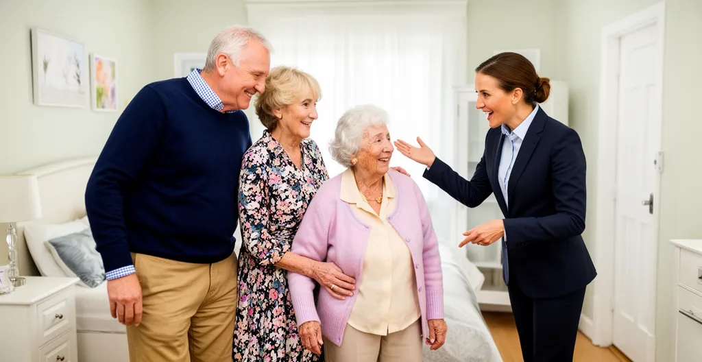 Famille découvrant une chambre d'EHPAD lumineuse avec la directrice de l'établissement