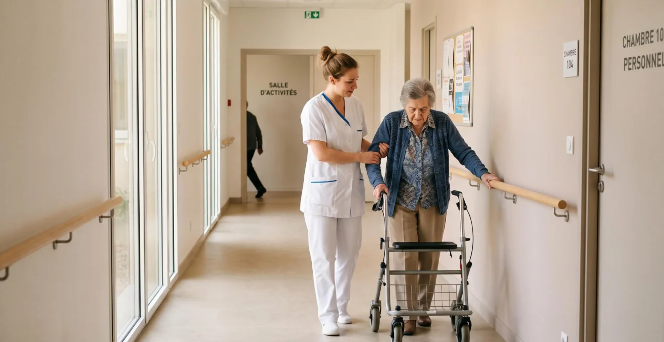 Aide-soignante accompagnant une résidente âgée avec déambulateur dans un couloir d'EHPAD lumineux et sécurisé