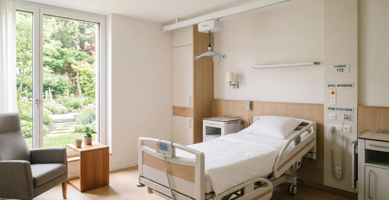 Chambre d'EHPAD équipée d'un lit médicalisé électrique et d'un lève-personne sur rail au plafond