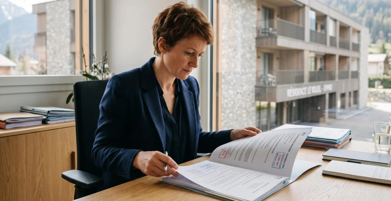 Directrice d'EHPAD à son bureau consultant des documents réglementaires avec vue sur l'établissement en arrière-plan