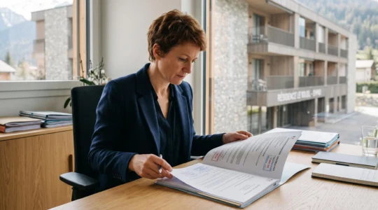 Directrice d'EHPAD à son bureau consultant des documents réglementaires avec vue sur l'établissement en arrière-plan