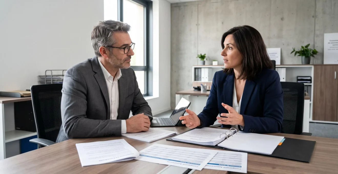 Gestionnaire d'EHPAD en réunion avec courtier spécialisé examinant des documents de propositions d'assurance