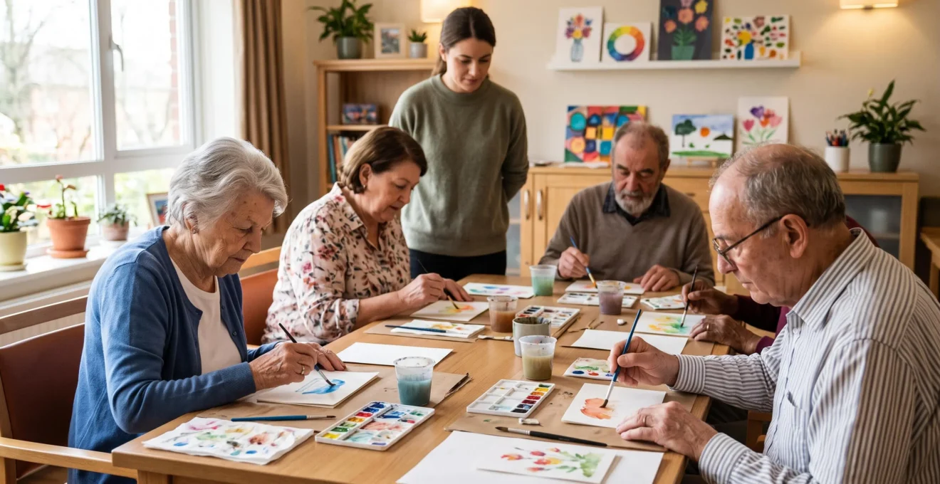 Résidents concentrés lors d'un atelier créatif autour d'une table, accompagnés d'une animatrice, dans une salle lumineuse et accueillante