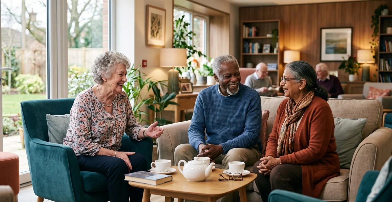 Résidents âgés en conversation chaleureuse dans un salon moderne de maison de retraite, ambiance conviviale et naturelle