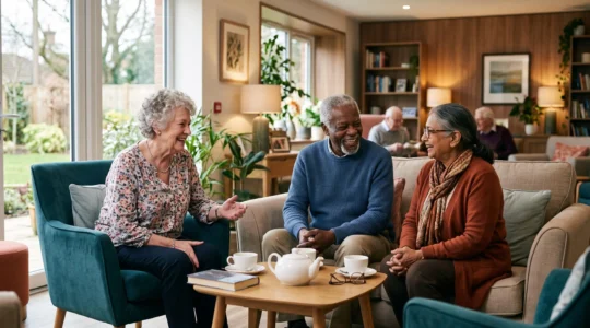 Résidents âgés en conversation chaleureuse dans un salon moderne de maison de retraite, ambiance conviviale et naturelle
