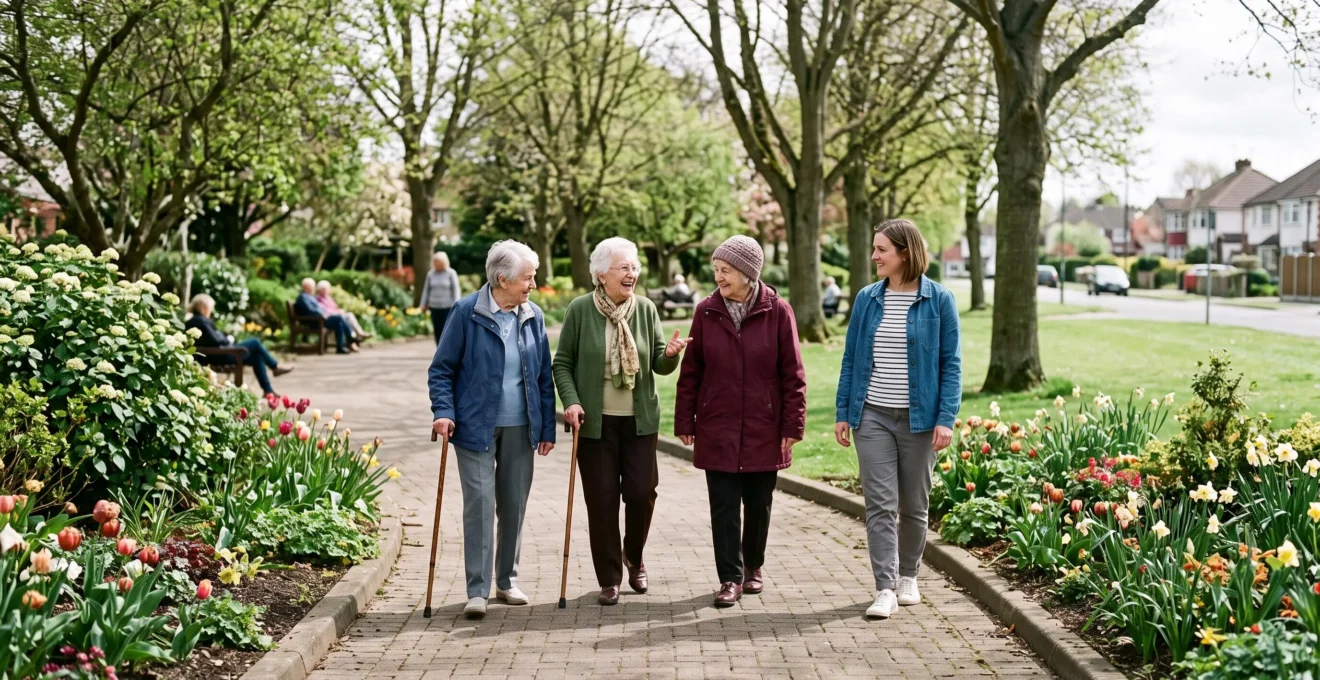 Groupe de résidents en promenade dans le jardin d'un établissement, accompagnés d'un soignant en tenue civile, profitant de l'extérieur