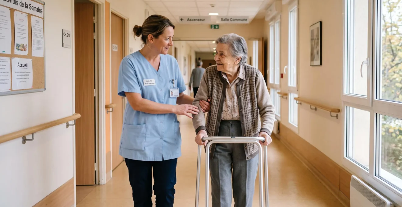 Professionnelle de santé accompagnant avec bienveillance une personne âgée utilisant un déambulateur dans le couloir lumineux d'un établissement médicalisé
