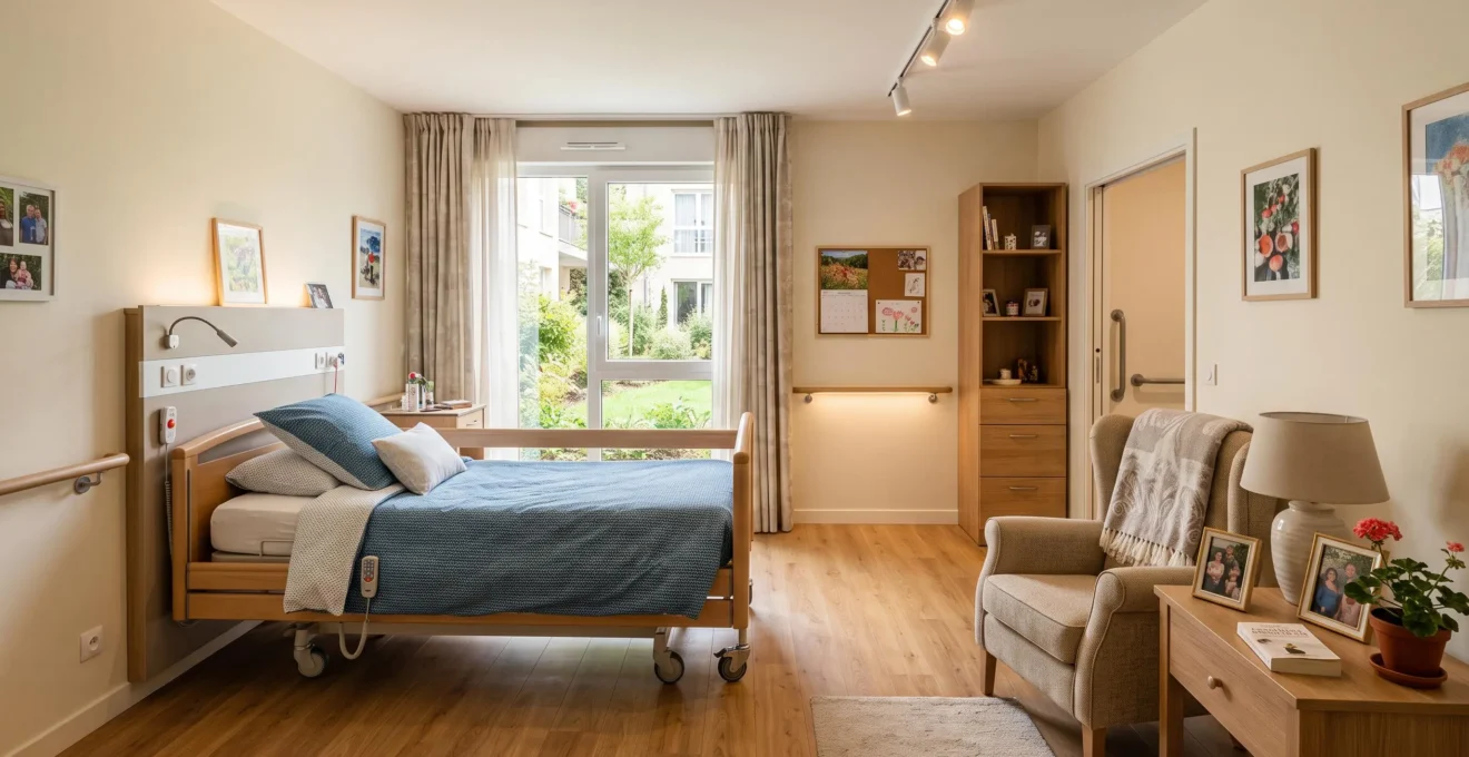 Chambre individuelle adaptée et lumineuse dans un établissement pour personnes âgées, avec lit médicalisé discret, fauteuil confortable et décorations personnelles près d'une grande fenêtre