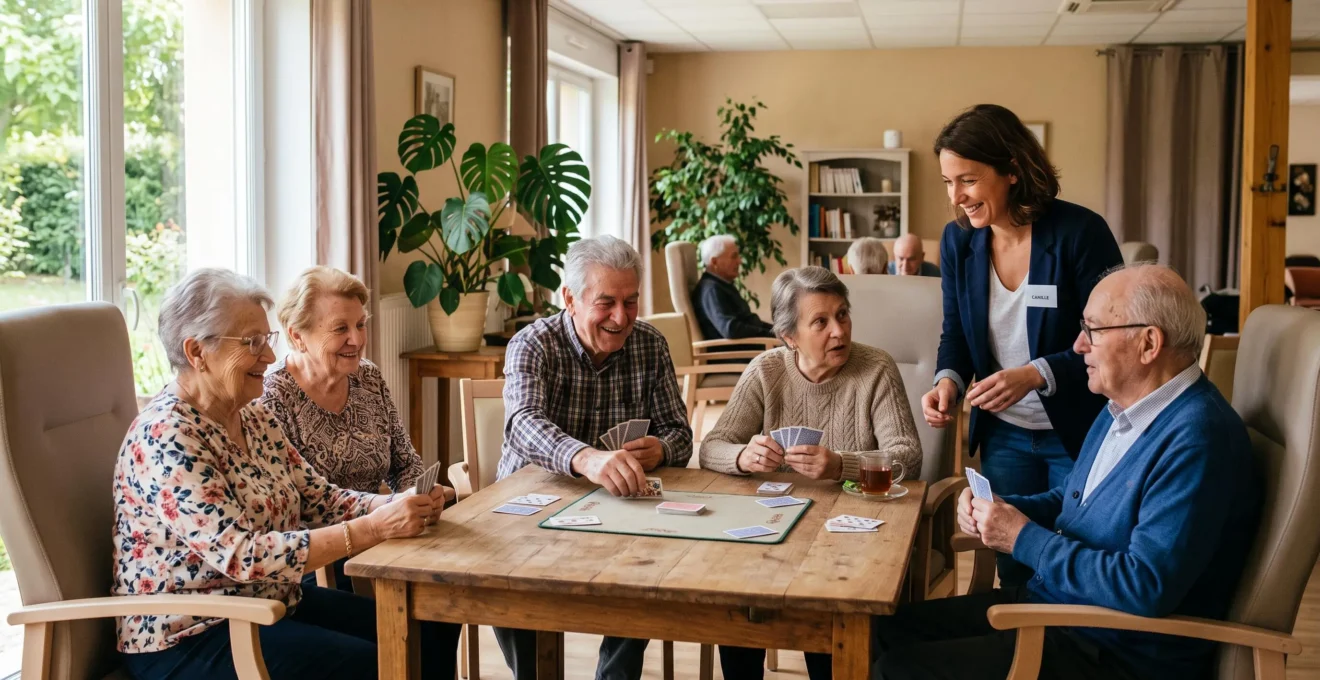 Groupe de résidents seniors participant à une activité collective autour d'une table dans une salle lumineuse d'un institut pour personnes âgées, accompagnés par une animatrice professionnelle