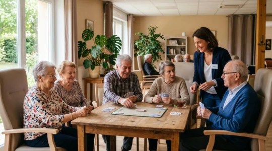 Groupe de résidents seniors participant à une activité collective autour d'une table dans une salle lumineuse d'un institut pour personnes âgées, accompagnés par une animatrice professionnelle
